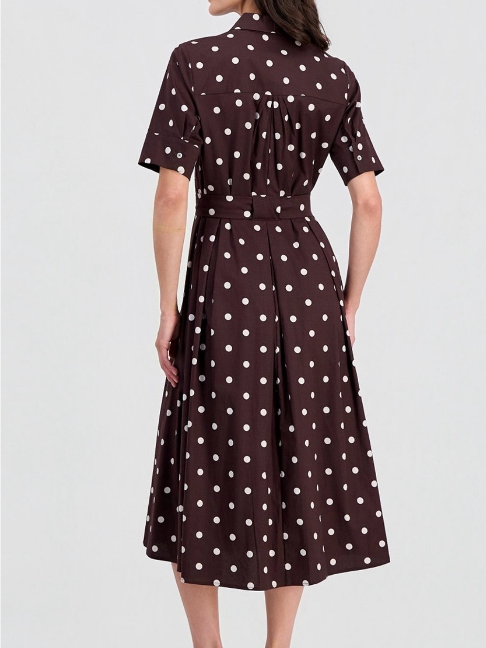 T Tahari Chocolate Brown and White Polka Dot Midi Shirt Dress NEW W TAGS - Picture 4 of 5